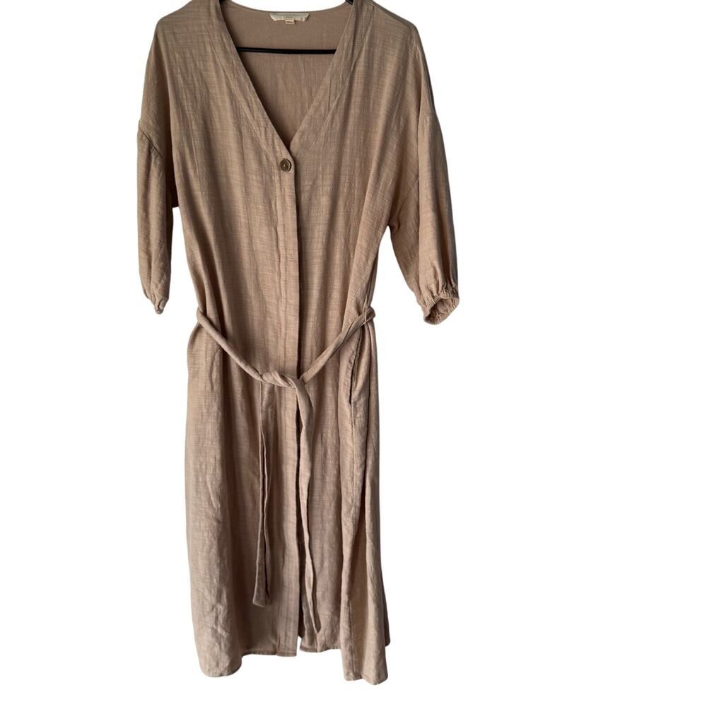 Grade & Gather Small Beige Cottage Belted Midi‎ Dress Cotton Minimalist Prarie